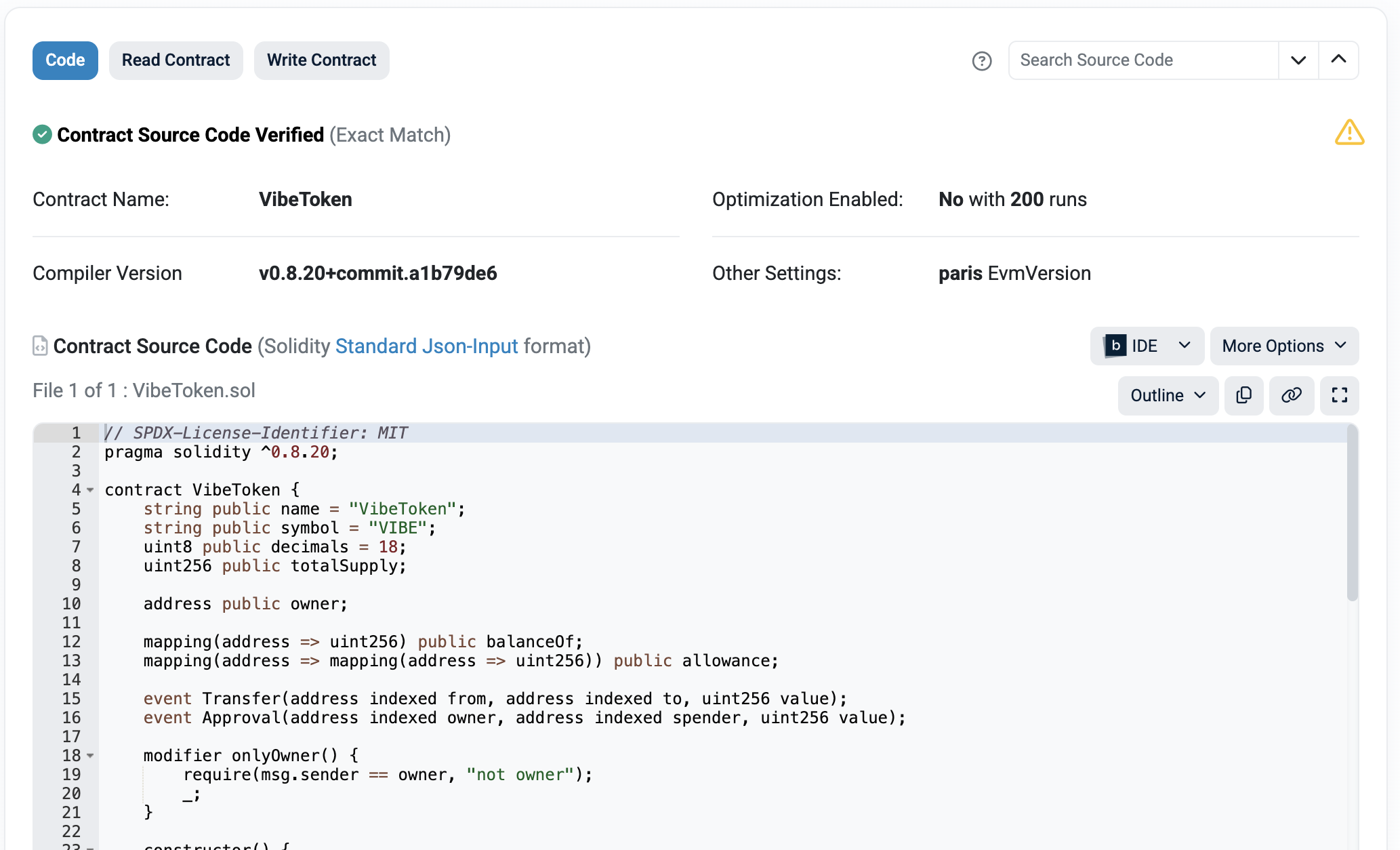 Etherscan showing VibeToken contract source code verified