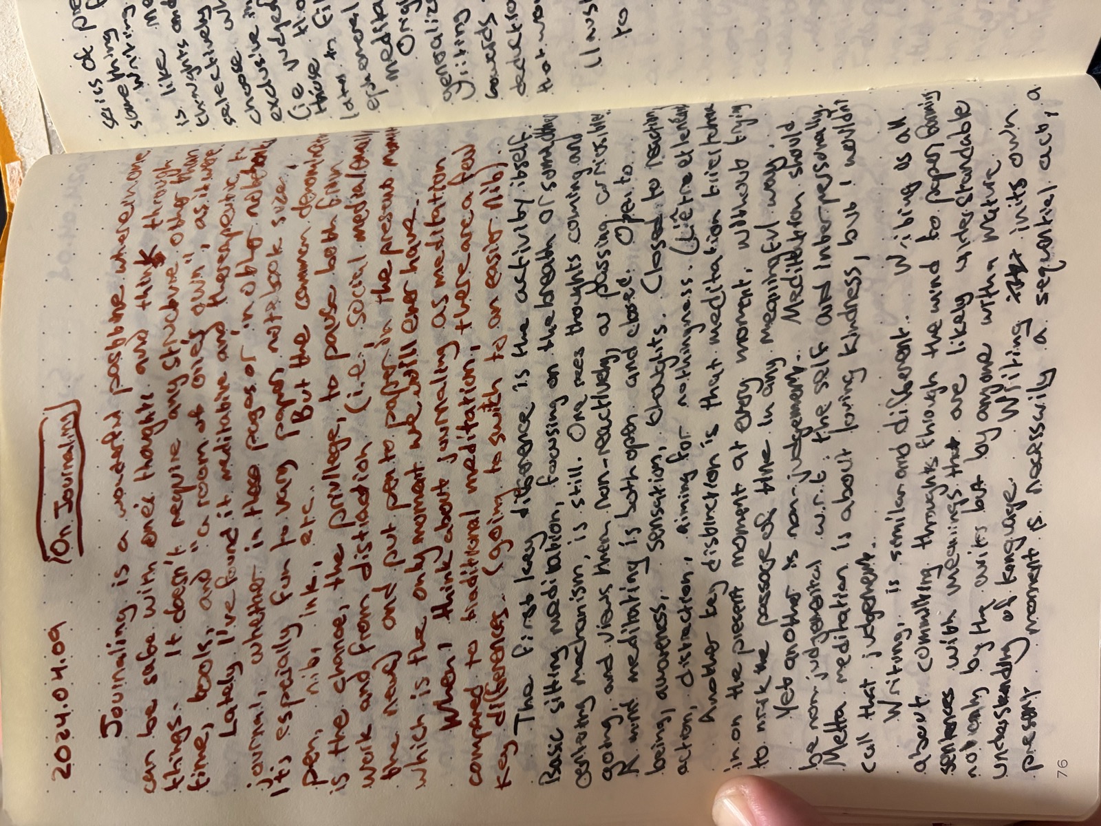 Notebook page on journaling, in red ink, dated April 9 2024