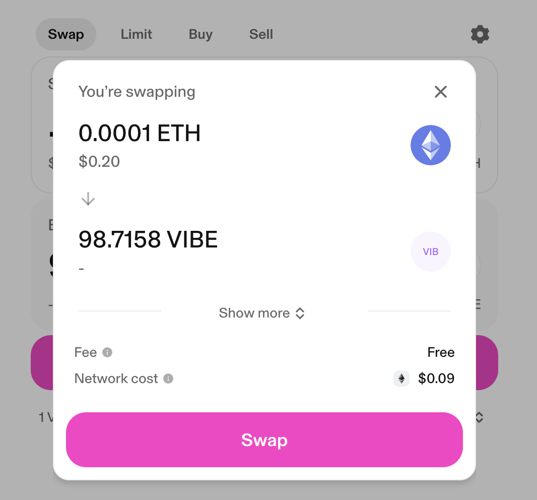 Uniswap swap confirmation: 0.0001 ETH for 98.7158 VIBE