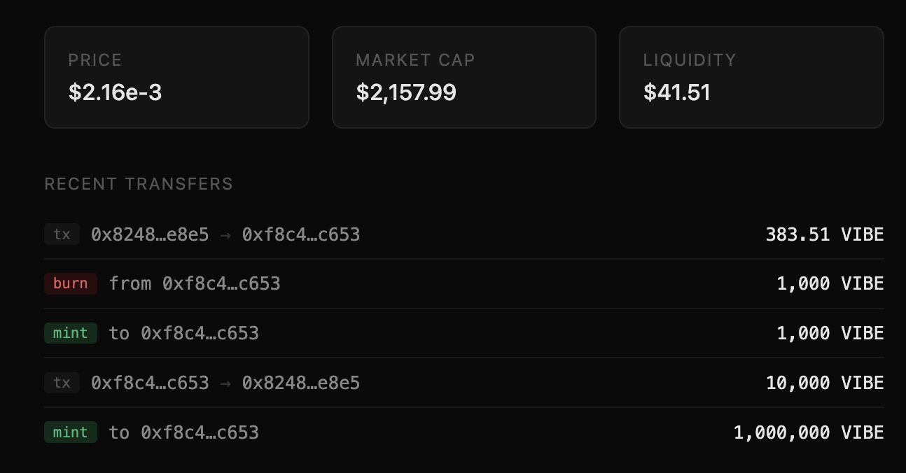 thevibetoken.xyz showing live price, market cap, liquidity, and recent mint/burn transfers